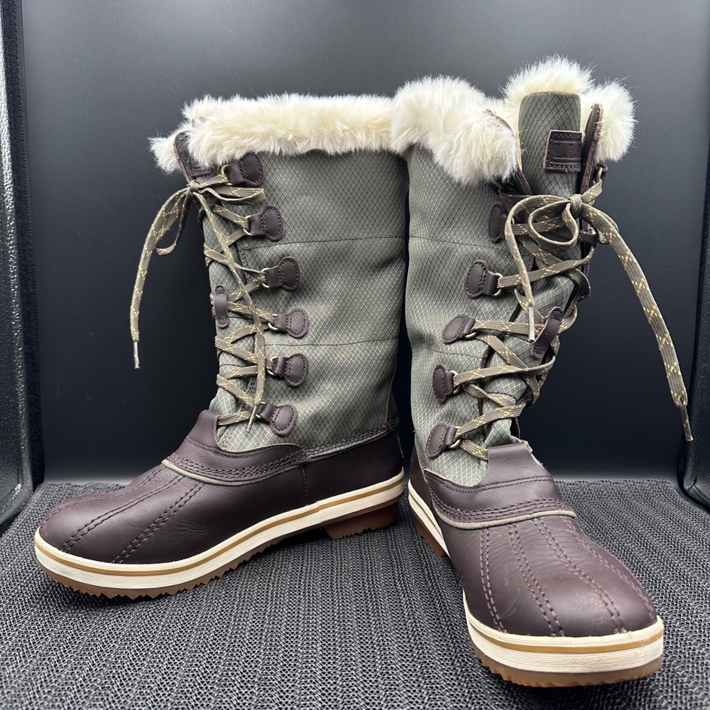 LL Bean Wildcat Boots Womens 9 Green Brown Waterproof Insulated Faux Fur 502965